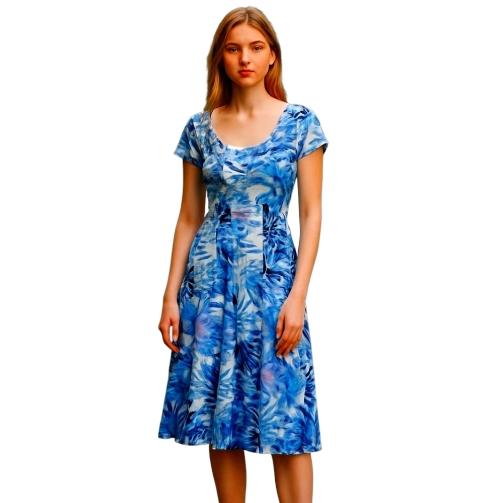 Marvallis Collection Blue & White Print Full Length Summer Or Cruise Dress
